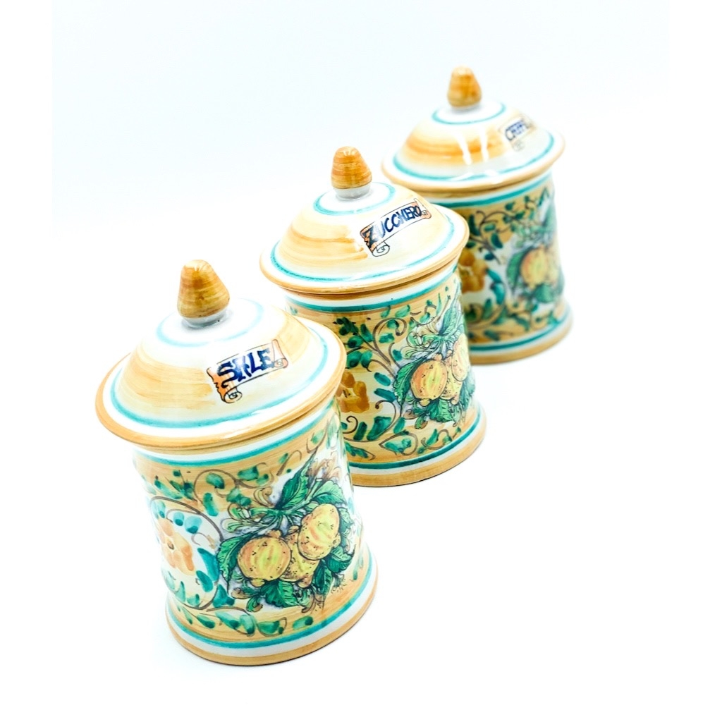 tris barattoli zucchero caffè sale in ceramica decorazione maioliche  positano 82017