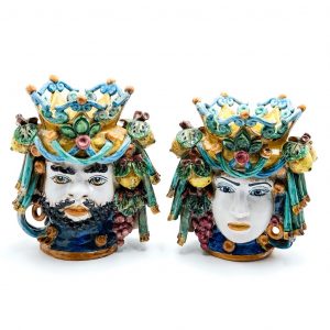 Coppia Testa di moro con corona, limoni e uva cm.28