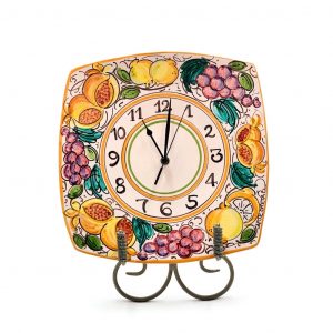 Piatto orologio ceramica quadrato decoro uva, limoni e melograni cm.32x32