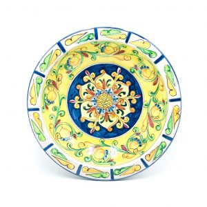 Piatto ceramica decoro ricco blu fondo giallo ø46 cm
