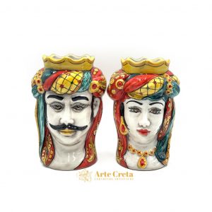 Coppia Testa di Moro Turbante Decoro Ricco Verde e Rosso cm.26