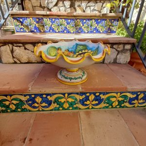 Fruttiera Centrotavola con piede decoro fichi d'india e girasoli ø38 h.20 cm