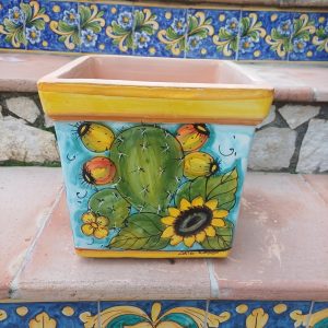 porta vaso quadrato decoro fichi d'india e girasoli cm.30x30 h.31
