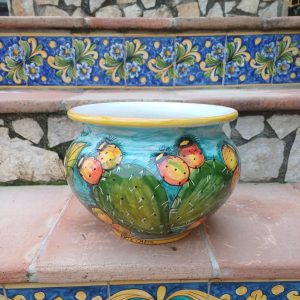 Porta vaso con decoro fichi d'india e girasoli cm21 (h) - ø cm 27
