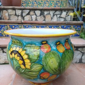 Porta vaso con decoro fichi d'india e girasoli cm30 (h) - ø cm 39