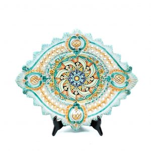 Piatto ceramica ovale traforato decoro geometrico verde cm.43x37