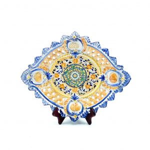 Piatto ceramica ovale traforato decoro geometrico blu cm.36x30