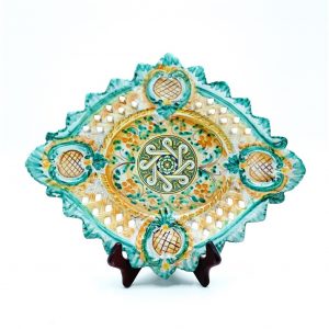Piatto ceramica ovale traforato decoro geometrico verde cm.36x30