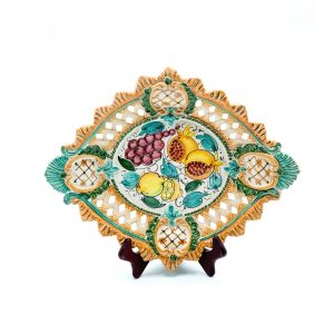 Piatto ceramica ovale traforato decoro uva limone e melograno cm.36x30