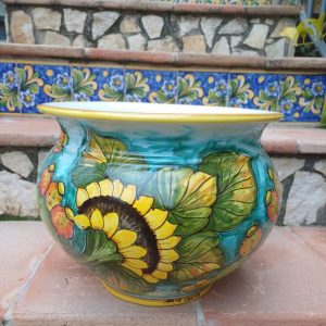 Porta vaso con decoro fichi d'india e girasoli cm26 (h) - ø cm 30