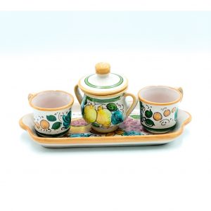 Servizio Caffè 2 Tazzine + Zuccheriera decoro Uva Limoni Melograni cm.27x12