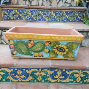 cassetta porta vaso rettangolare decoro fichi d'india e girasoli cm.53x25 h.22cm