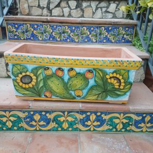 cassetta porta vaso rettangolare decoro fichi d'india e girasoli cm.60x27 h.26cm