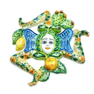 Trinacria in Ceramica decoro verde con limoni e fico d'india cm.33