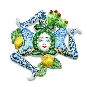 Trinacria in Ceramica decoro blu con limoni e fico d'india cm.33